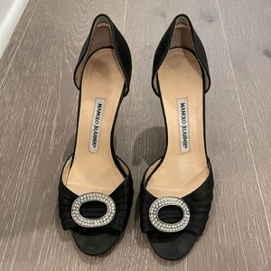 Manolo Blahnik Black Satin Crystal Jeweled Peep-toe D'orsay Pumps